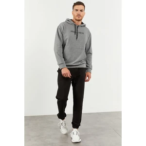 Tommy Life Tommy Life  Gri Melanj-Siyah Erkek Kapüşonlu Kanguru Cep Oversize Lastik Paça Eşofman Takımı - 85117