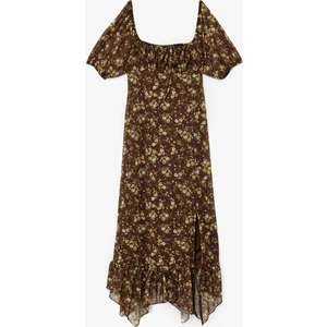 Asimetrik U Yaka Kısa Balon Kol Yırtmaçlı Bağcıklı Çiçekli Uzun Tül Elbise