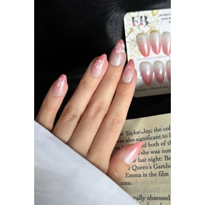 Kısa Badem 24 Adet Çiçek Desenli Takma Tırnak Seti W1802