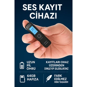 Mini Ses Kayıt Cihazı Ekranlı Kulaklık Hediyeli 64GB Cihaz Üzerinden Kayıt Dinleme Özelliği