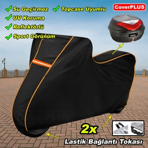 Reflektörlü Siyah Turuncu Dikişli Ktm 390 Adventure Pro Arka Çanta Uyumlu Branda Motosiket Brandası Motor Örtüsü Çadır Su Geçirmez Motosiklet Kılıfı Motor Brandası