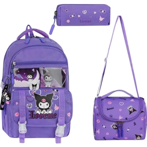 Ilkokul Kız Çocuk Çantası 3'lü Set Kuromi Benzeri 42*30 cm Beslenme Çantası Kalem Kutusu Ortopedik