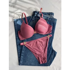 Beyaz Gelincik Underwear Gold Night Kadın Gül Kurusu Taşlı Çizgili V Model Destekli Balenli  Sütyen Takım Iç Çamaşırı Takımı