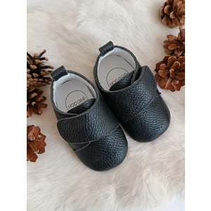Siyah Hakiki Deri Cırt Cırtlı Bebek Ayakkabı