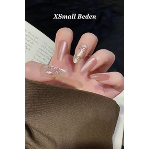 Xsmall Beden Uzun Badem Pembe Kalp Desenli 10 Adet Takma Tırnak Seti T104