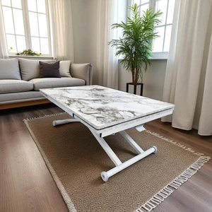 Yan Baştan Açılır Akıllı Yemek Masası Mdf Tabla Alt Mekanizma Metal Beyaz Renk