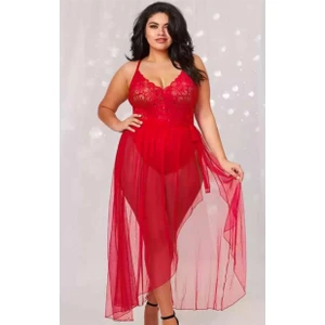 Kırmızı Fantezi Dantel Detaylı Büyük  Beden Elbise