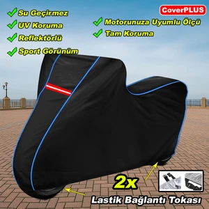 Cf Moto 450SR Pro Branda Siyah Mavi-Dikişli Reflektörlü Motosiket Brandası Motor Örtüsü Çadır Su Geçirmez Motosiklet Kılıfı Motor Brandası