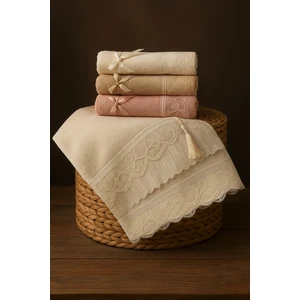 Eliza %100 Pamuklu Kadife Dantelli Güpürlü Fiyonklu Çeyizlik El ve Yüz Havlusu