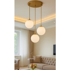 Modern Camlı Avize Beyaz Mat Glop Camlı Salon Avizesi 3 Lü Sarkıt Avize Eskitme Gold