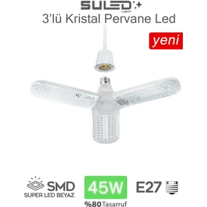 Kristal Pervane 3 Kanat LED Ampül 45W 4500 Lümen Süper Güçlü E27 Lamba Beyaz Işık