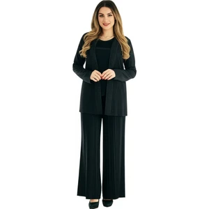 Kadın Siyah Anne Butik Takım İkili  Simli Taş Baskılı Buklet Desenli Rahat Kesim Likralı Sandy Kumaş