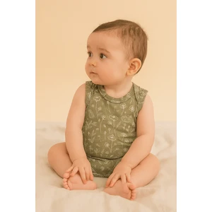 Pamuklu Bebek Çıtçıtlı Atlet Bahar Çiçekli Haki