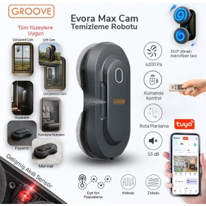 Evora Max Akıllı Uygulama Kontrollü Cam Temizleme Silme Robotu +Yapay Zeka Desteği+Ultra Sessiz+Akıllı Sensör+2 Ultrasonik Sprey