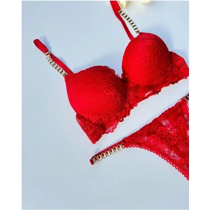 Kadın Kırmızı Dantelli Zincir Detaylı Balenli Destekli Dolgulu Sütyen Takımı Iç Çamaşırı Takımı
