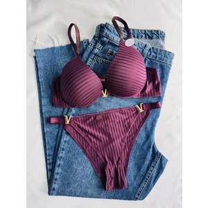 Gold Night Kadın Mor Taşlı Çizgili V Model Destekli Balenli  Sütyen Takım Iç Çamaşırı Takımı