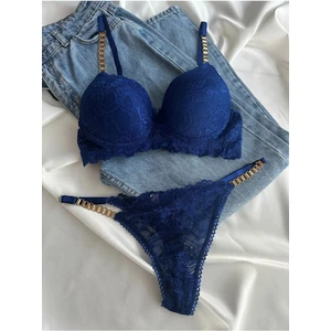 Kadın Mavi Dantelli Zincir Detaylı Balenli Destekli Dolgulu Sütyen Takımı Iç Çamaşırı Takımı