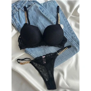 Gold Night Kadın Siyah Dantelli Zincir Detaylı Balenli Destekli Dolgulu Sütyen Takımı Iç Çamaşırı Takımı