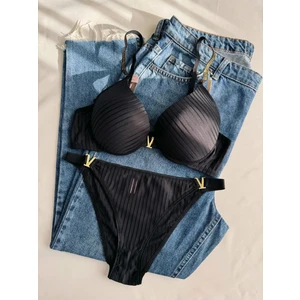 Gold Night Kadın Siyah Taşlı Çizgili V Model Destekli Balenli  Sütyen Takım Iç Çamaşırı Takımı