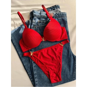 Gold Night Kadın Kırmızı Taşlı Çizgili V Model Destekli Balenli  Sütyen Takım Iç Çamaşırı Takımı