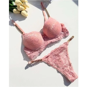 Gold Night Kadın Pembe Dantelli Zincir Detaylı Balenli Destekli Dolgulu Sütyen Takımı Iç Çamaşırı Takımı