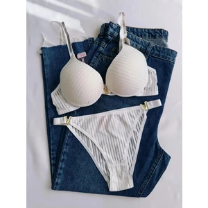 Gold Night Kadın Beyaz Taşlı Çizgili V Model Destekli Balenli  Sütyen Takım Iç Çamaşırı Takımı