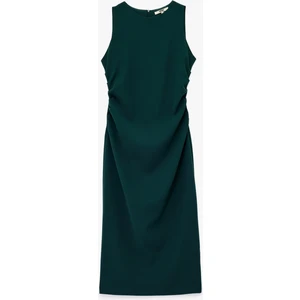 Krep Kumaş Drape Detaylı Kolsuz Bisiklet Yaka Midi Kalem Elbise