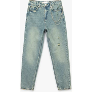 Yüksek Bel Rahat Kalıp Yıpratılmış Zincir Detaylı Mom Jean Pantolon - Mom Slim Jean