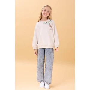 Kız Çocuk Zürafa Nakışlı Mevsimlik Oversize Sweatshirt – Taş