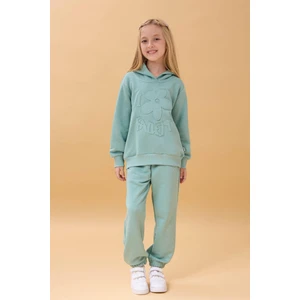 Kız Çocuk Kapüşonlu Çiçek Aplikeli Alt Üst Mevsimlik Takım – Çağla