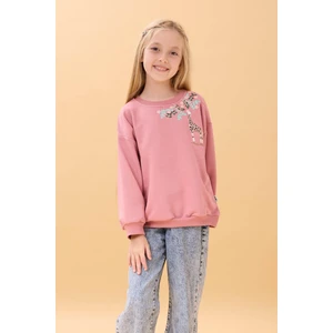 Kız Çocuk Zürafa Nakışlı Mevsimlik Oversize Sweatshirt – Gül Kurusu