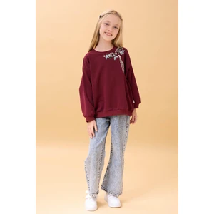 Kız Çocuk Zürafa Nakışlı Mevsimlik Oversize Sweatshirt – Bordo