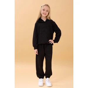 Kız Çocuk Kapüşonlu Çiçek Aplikeli Alt Üst Mevsimlik Takım – Siyah