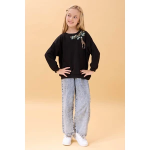 Kız Çocuk Zürafa Nakışlı Mevsimlik Oversize Sweatshirt – Siyah
