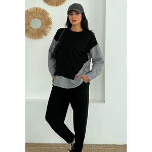 Kadın Mavi Beyaz Çizgili Modern Tasarım Uzun Kollu Gömlek Detaylı Sweatshirt Modal Takım