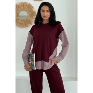 Kadın Mavi Beyaz Çizgili Modern Tasarım Uzun Kollu Gömlek Detaylı Sweatshirt Modal Takım