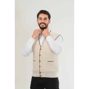 Erkek V Yaka Triko Düğmeli Cepli Çizgi Desenli Regular Fit Tüylenmeyen Örgü Yelek