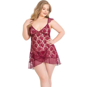 Büyük Beden Çiçek Desen Kadın Tül Gecelik Külot Takım