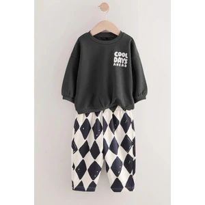 Erkek Çocuk 3 Iplik Kumaş Slogan Baskılı Sweatshirt ve Dama Baskılı Eşofman Altı Alt Üst Takım