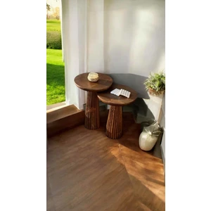 Simillo Home & Living Ahşap Yan Sehpa 2’li Set – Masif Doğal Ceviz Renk Zigon Fiskos Sehpa