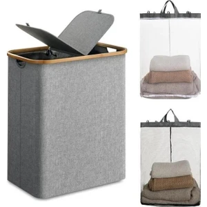 Katlanır Kumaş 100 Lt Bambu Çamaşır Sepeti 2 Bölmeli Içi Fileli Kirli Çamaşır Sepeti