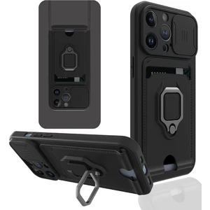 iPhone 14 Pro Max Uyumlu Taşıma Askılı - Kartlıklı - Stantlı - Kamera Korumalı Silikon Telefon Kılıfı