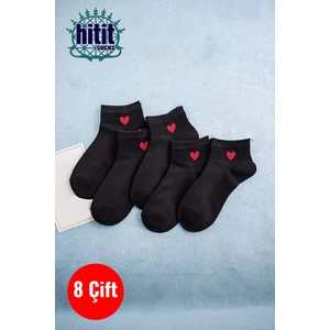 Kadın 8 Çift Pamuklu Günlük Kullanım Için Kalp Desenli Kısa Patik Çorap Siyah