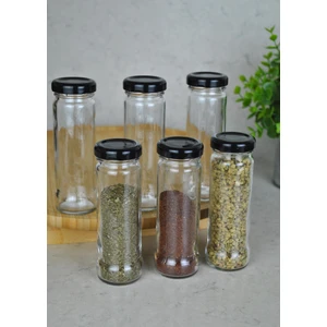 6 Adet 105 ml Metal Siyah Kapaklı 105 cc Şeffaf Uzun Cam Kavanoz Baharatlık Beslenme Şişe