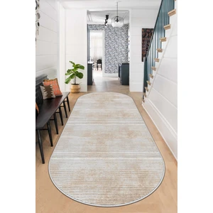 Makinede Yıkanabilir Kaymaz Taban Leke Tutmaz Bej Oval Salon Halısı Mutfak Halısı ve Yolluk