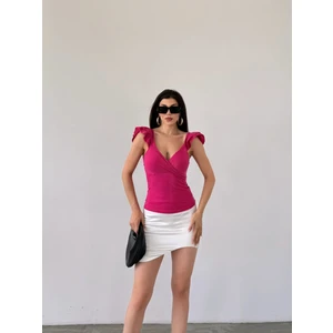 Kruvaze Yaka Omuzu Volanlı Kadın Bluz Fuşya