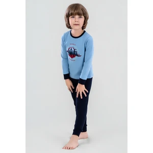 Erkek Çocuk Pamuklu Bisiklet Yaka Dinazor Baskılı Uzun Kollu Pijama Takımı 9619-1 Mavi