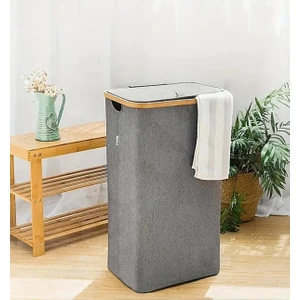 100 Lt Katlanır Kumaş Bambu Çamaşır Sepeti Içi Fileli Kirli Çamaşır Sepeti