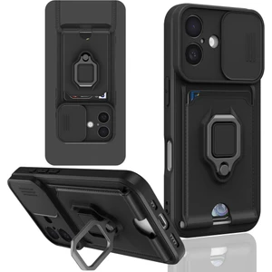 iPhone 16 Uyumlu Taşıma Askılı - Kartlıklı - Stantlı - Kamera Korumalı Silikon Telefon Kılıfı