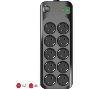 Termal Akım Korumalı USB ve Type-C 2.1A Şarj Çıkışlı 10A 2500W 10'lu Uzatma Grup Priz 3423